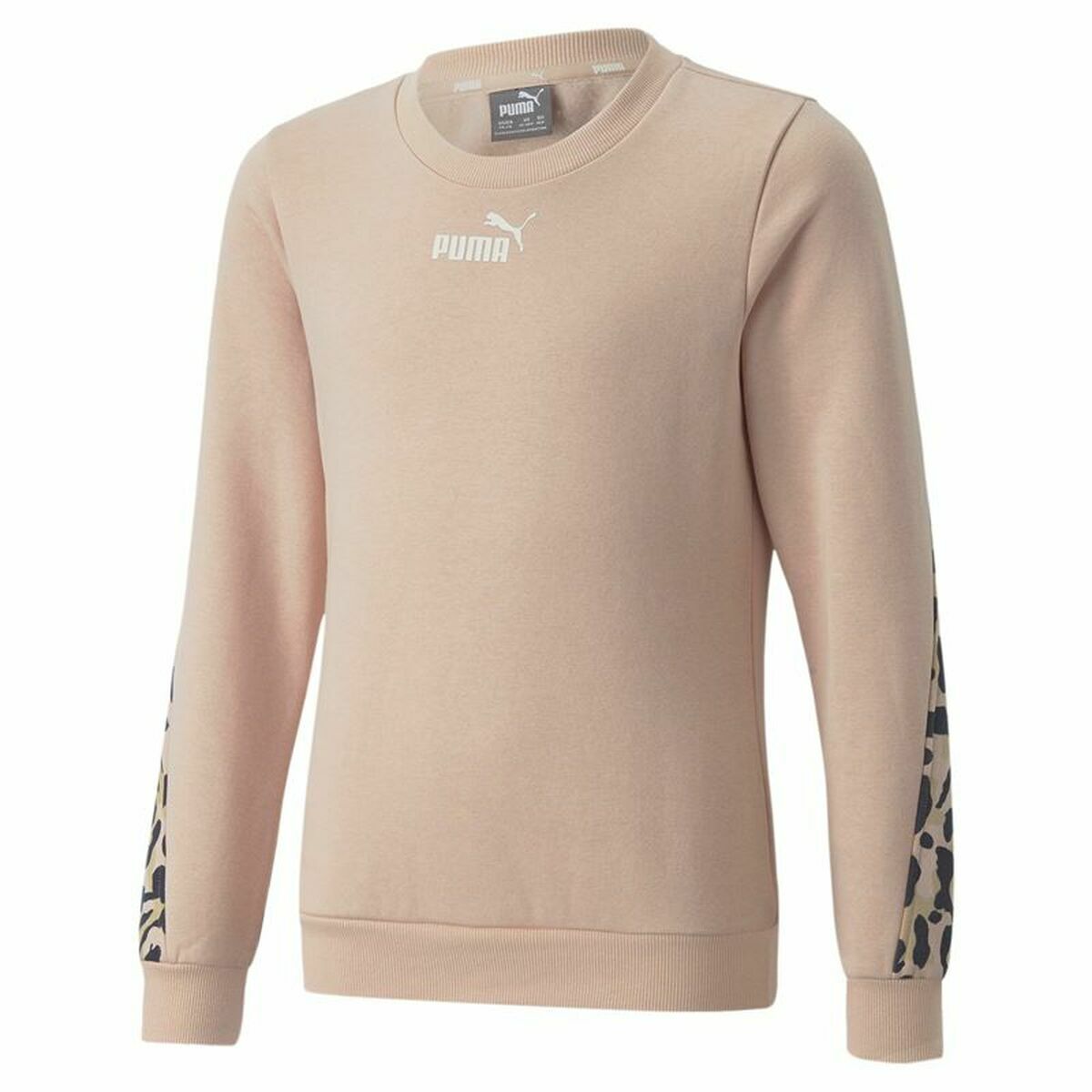 Hoodless Sweatshirt for Girls Puma Alpha Crew Neck Beige Leopard Pink/5-6 Years