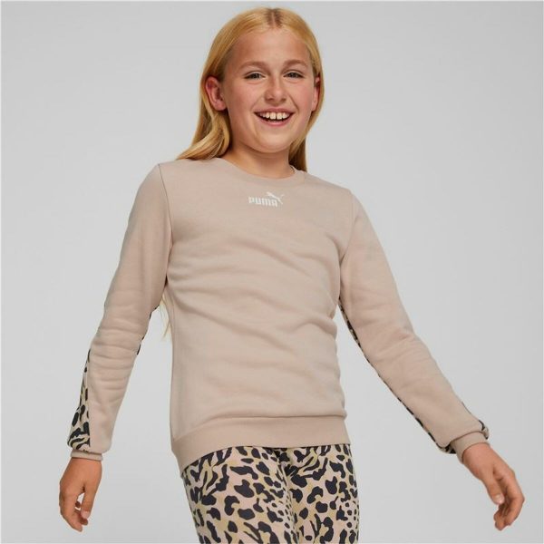 Hoodless Sweatshirt for Girls Puma Alpha Crew Neck Beige Leopard Pink/5-6 Years - Image 4